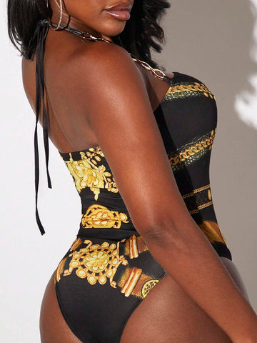 Chain Print Halter Bodysuit