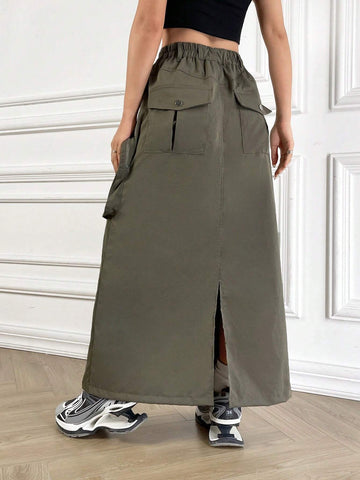 Flap Pocket Side Drawstring Waist Cargo Skirt