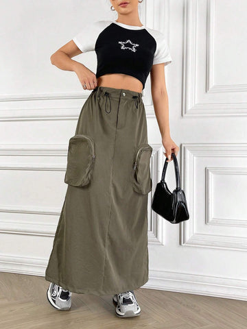 Flap Pocket Side Drawstring Waist Cargo Skirt