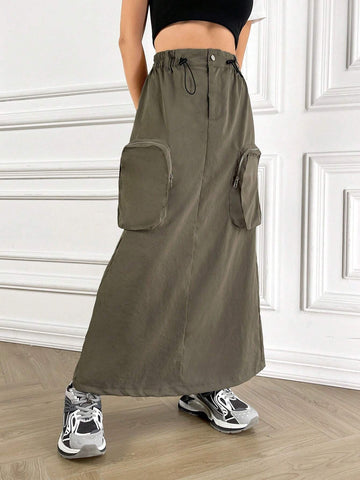 Flap Pocket Side Drawstring Waist Cargo Skirt