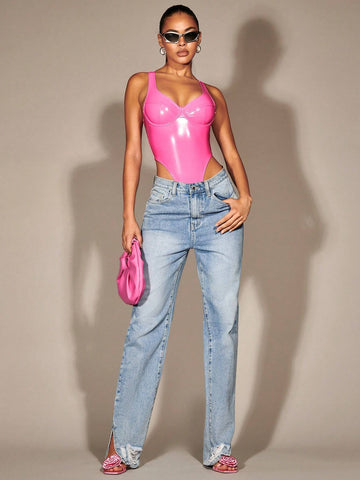 Solid High-cut Hem Bustier PU Leather Bodysuit