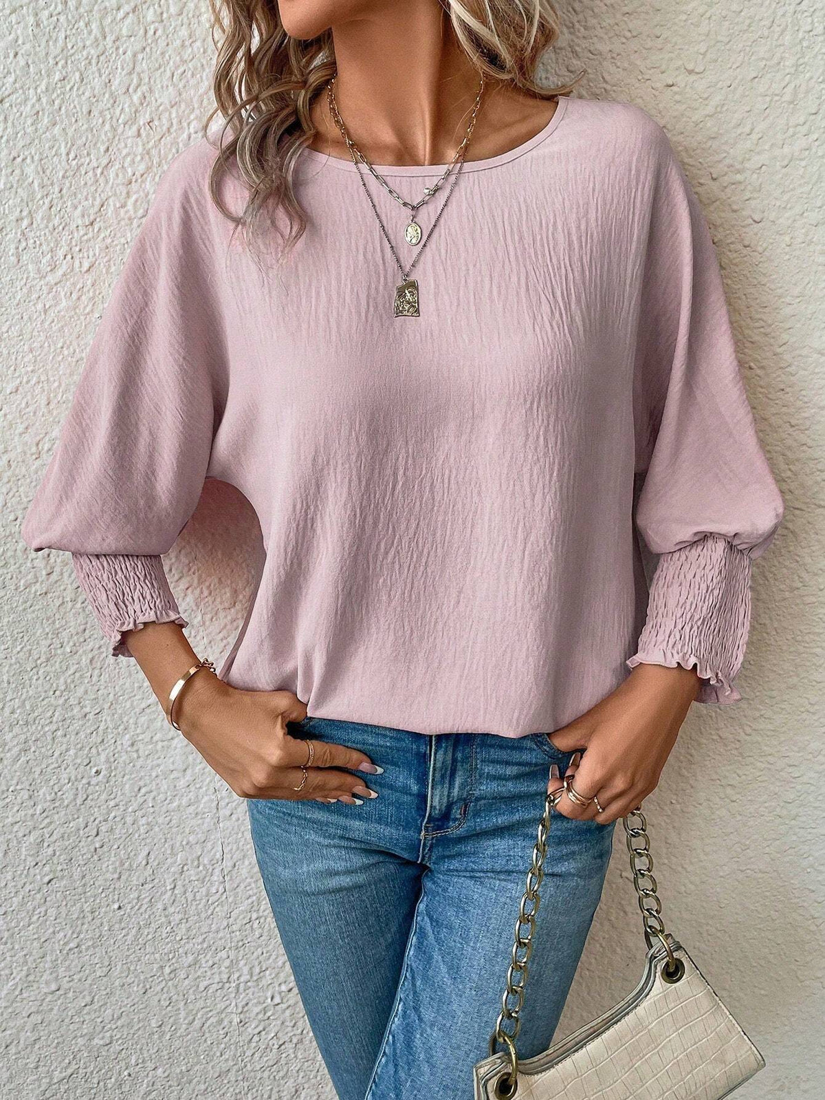 Solid Batwing Sleeve Blouse