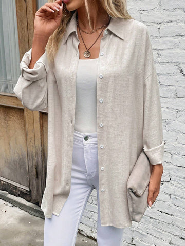 Solid Drop Shoulder Button Front Shirt