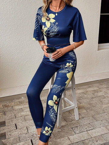 Floral Print Drop Shoulder Crop Tee & Leggings