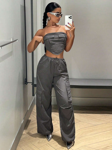 Solid Bandana Tube Top & Cargo Pants