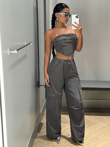 Solid Bandana Tube Top & Cargo Pants