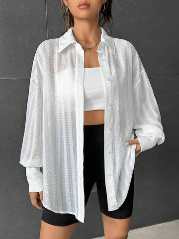 Drop Shoulder Button Front Shirt Without Cami Top