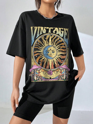 Sun & Moon Print Drop Shoulder Tee