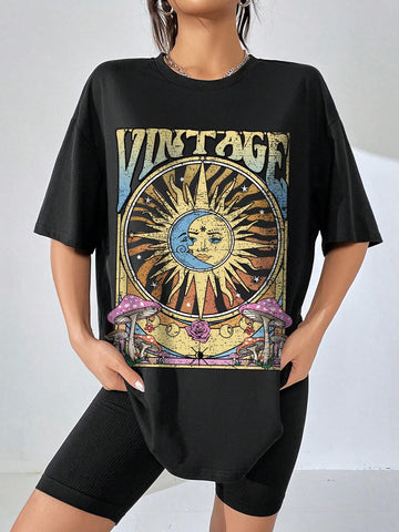 Sun & Moon Print Drop Shoulder Tee