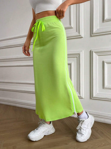 EZwear Solid Knot Waist Zipper Side Skirt