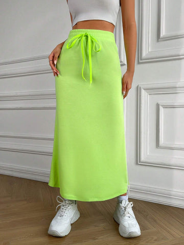 EZwear Solid Knot Waist Zipper Side Skirt