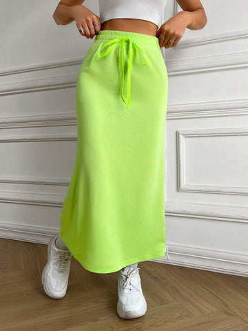 EZwear Solid Knot Waist Zipper Side Skirt