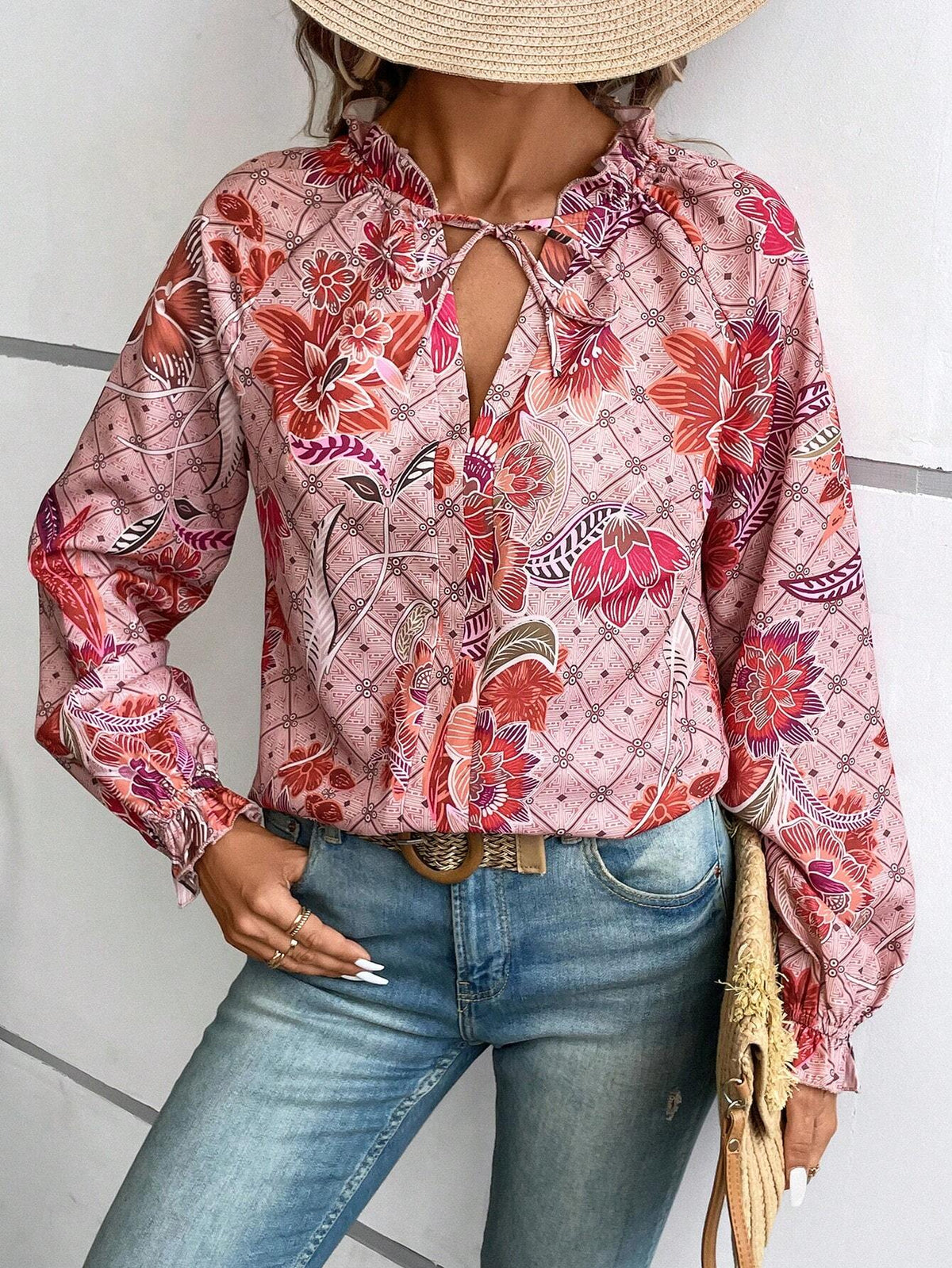 Floral Print Tie Neck Flare Sleeve Blouse