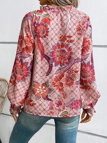 Floral Print Tie Neck Flare Sleeve Blouse