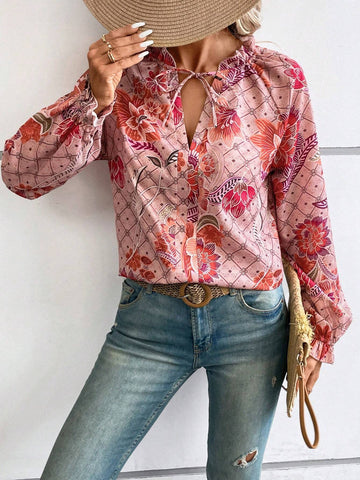 Floral Print Tie Neck Flare Sleeve Blouse