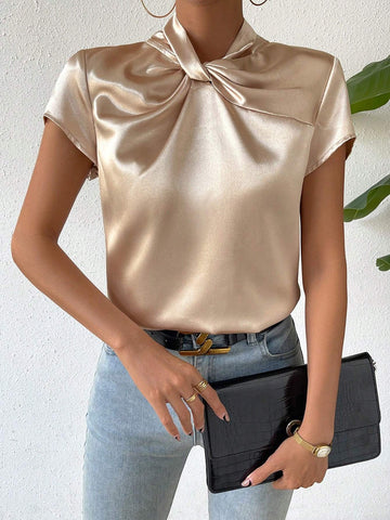 Twist Front Keyhole Back Satin Blouse