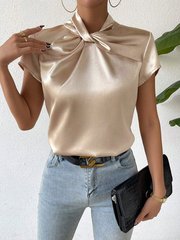 Twist Front Keyhole Back Satin Blouse