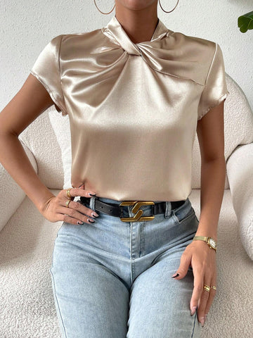 Twist Front Keyhole Back Satin Blouse