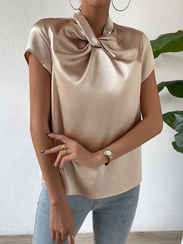 Twist Front Keyhole Back Satin Blouse