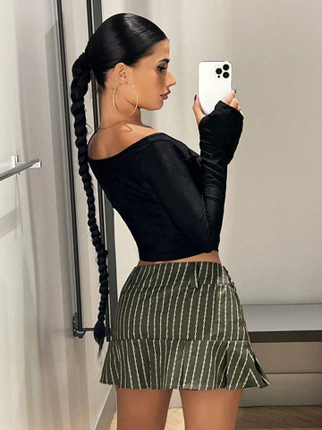 ICON Striped Print Pleated Hem Skirt