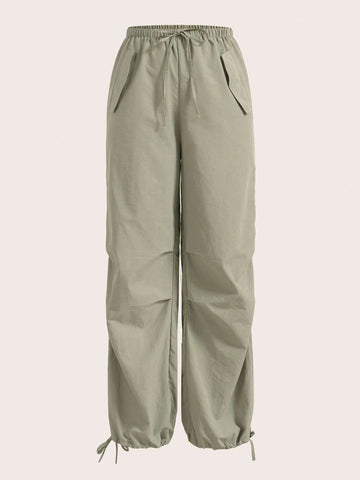 EZwear Drawstring Waist Flap Detail Solid Pants