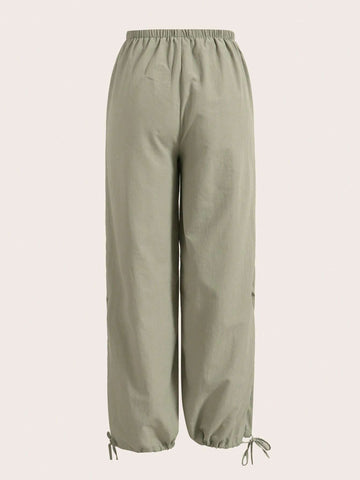 EZwear Drawstring Waist Flap Detail Solid Pants