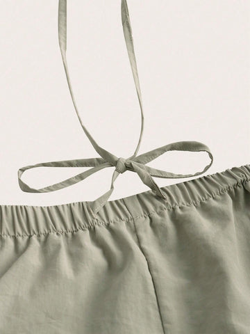 EZwear Drawstring Waist Flap Detail Solid Pants