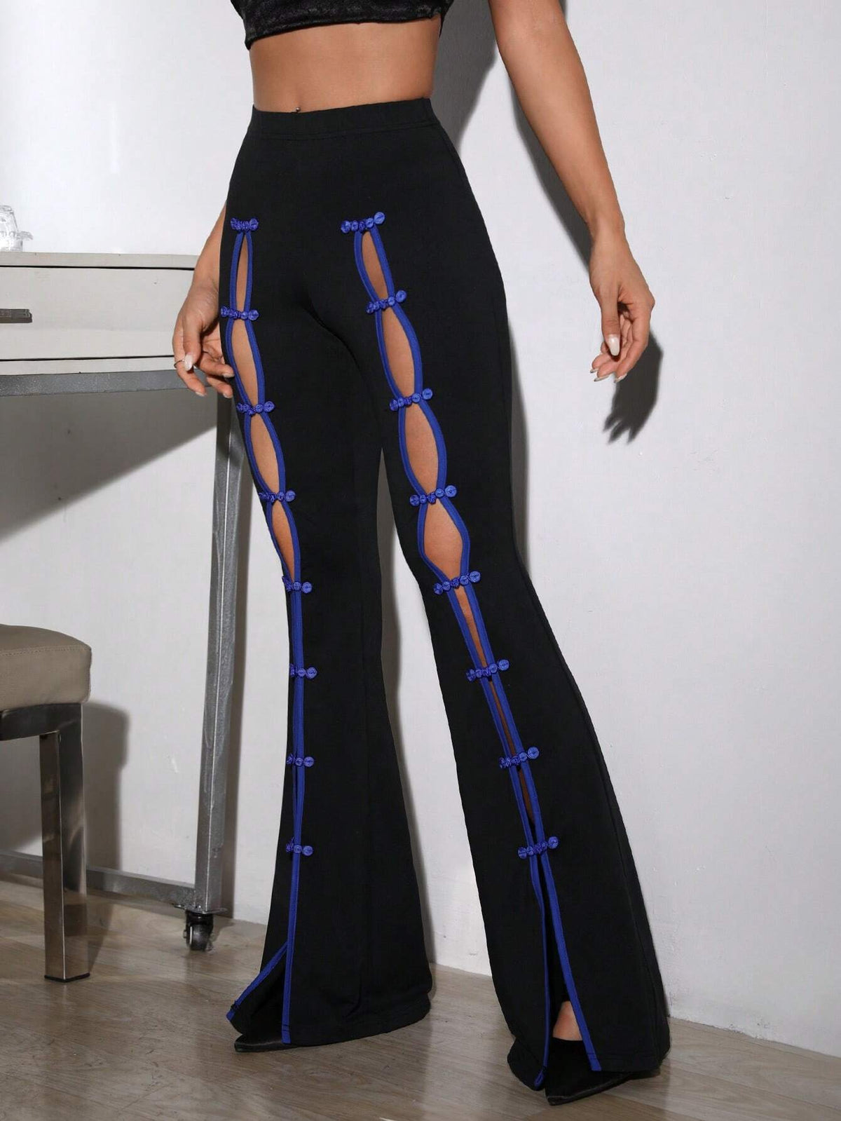 Cut Out Button Front Split Hem Flare Leg Pants