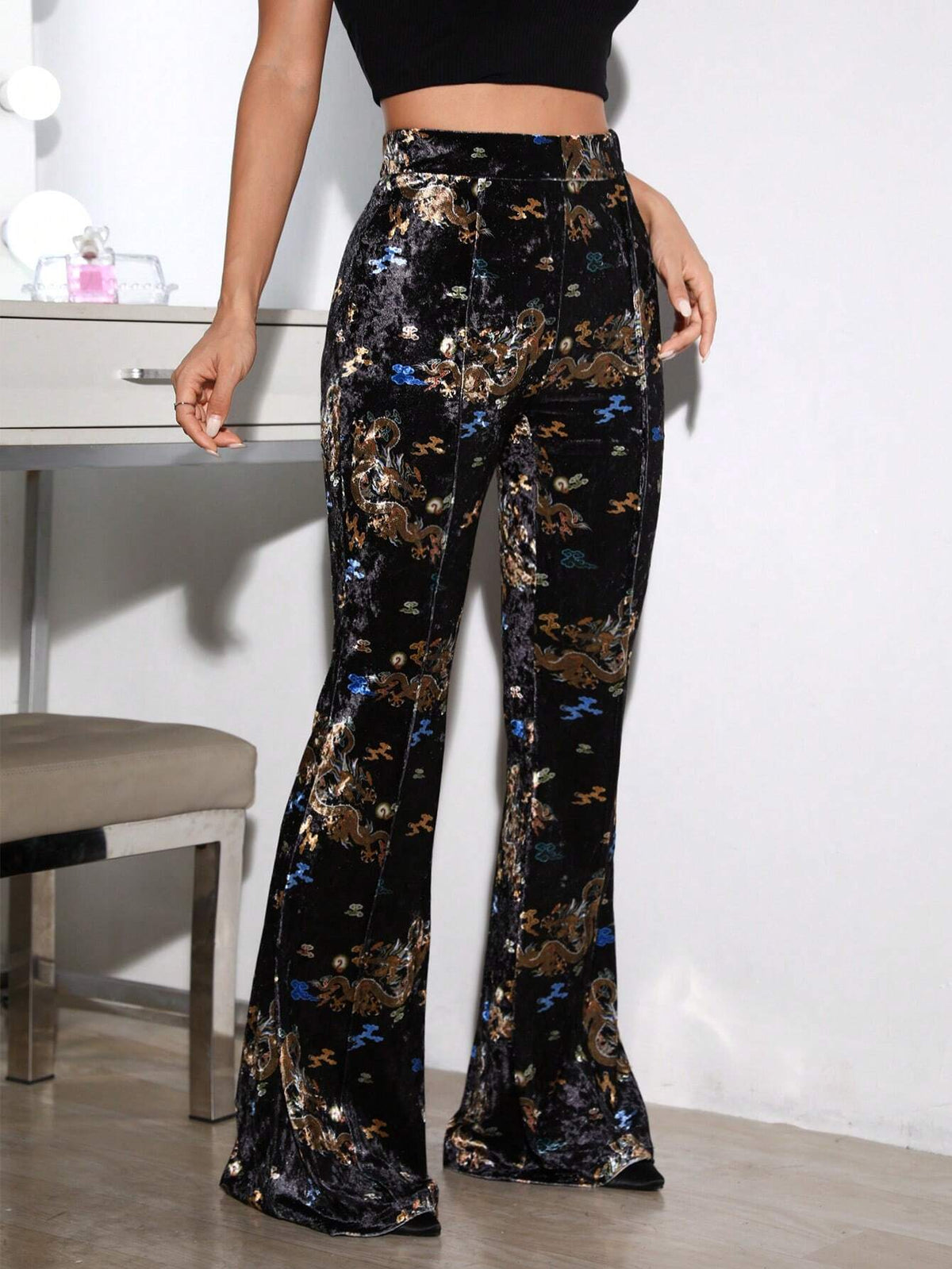 Dragon Print Flare Leg Velvet Pants