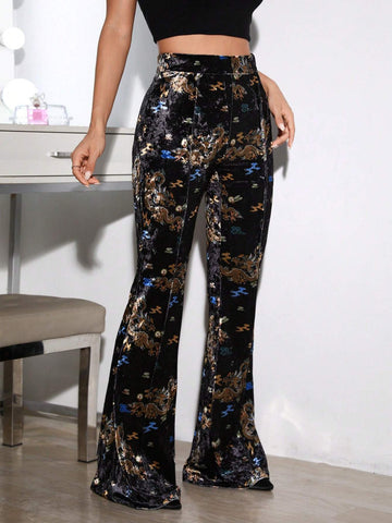 Dragon Print Flare Leg Velvet Pants