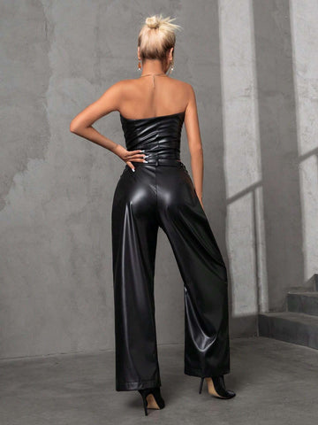 Solid PU Tube Top & Wide Leg Pants
