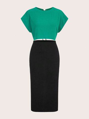 Solid Batwing Sleeve Lace Up Back Tee & Split Back Skirt