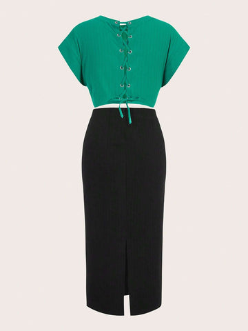 Solid Batwing Sleeve Lace Up Back Tee & Split Back Skirt