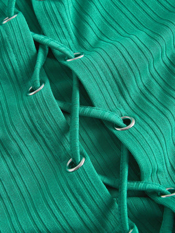 Solid Batwing Sleeve Lace Up Back Tee & Split Back Skirt