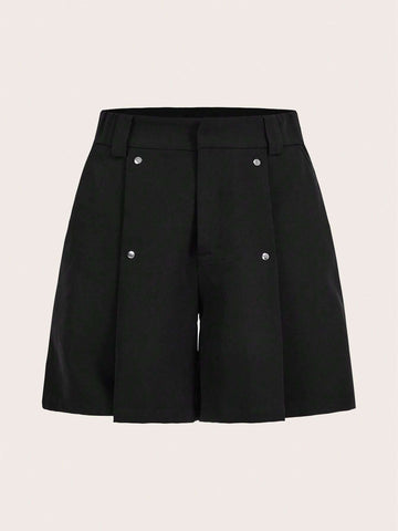 Solid Button Detail Shorts