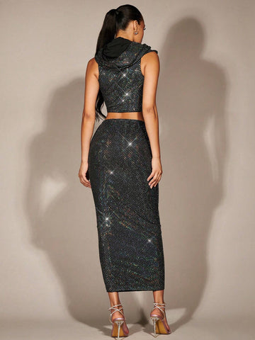 Sequin Hooded Neck Crop Top & Pencil Skirt