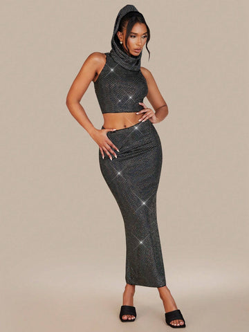 Sequin Hooded Neck Crop Top & Pencil Skirt