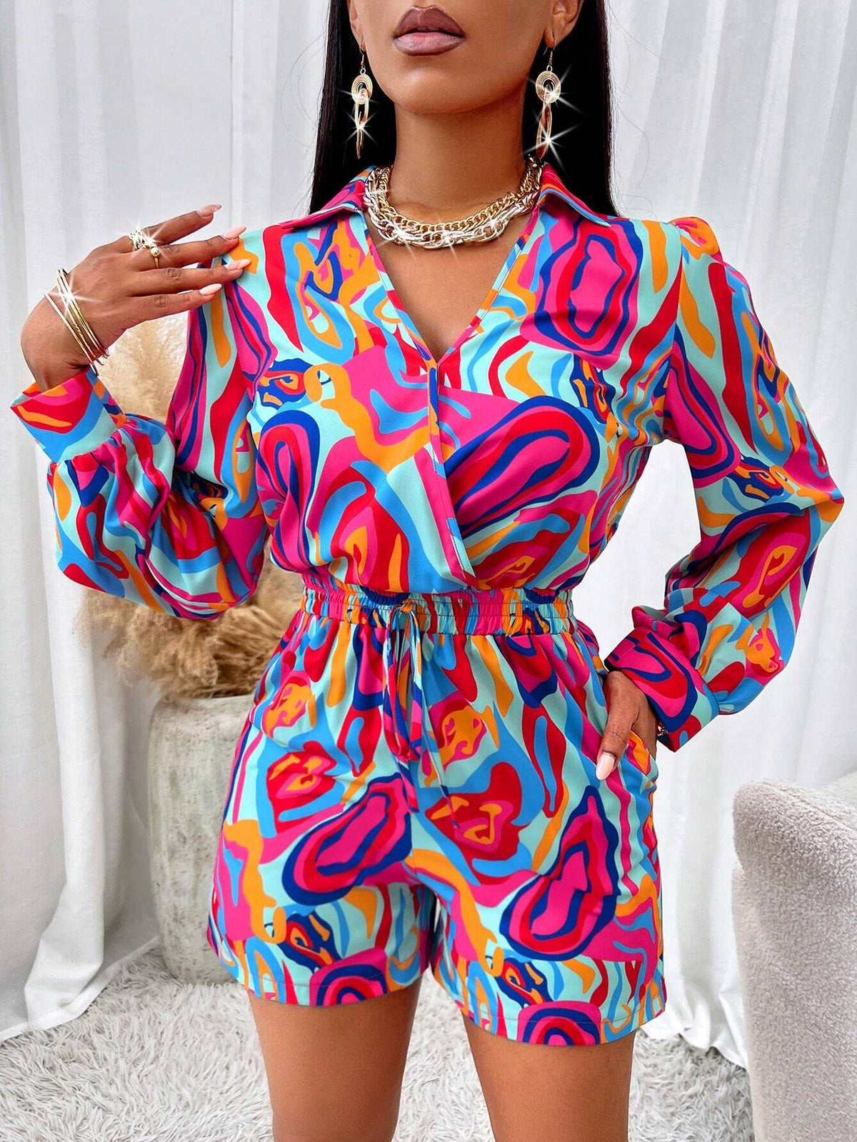 Allover Print Knot Front Shirt Romper