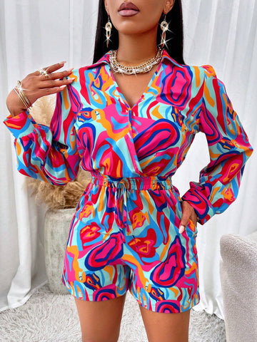 Allover Print Knot Front Shirt Romper