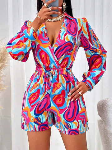 Allover Print Knot Front Shirt Romper
