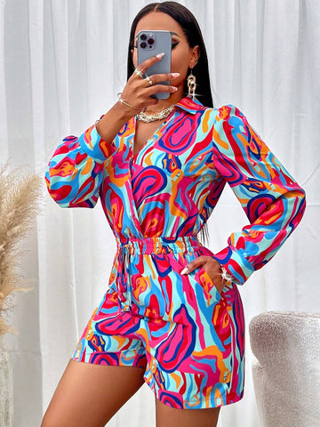 Allover Print Knot Front Shirt Romper