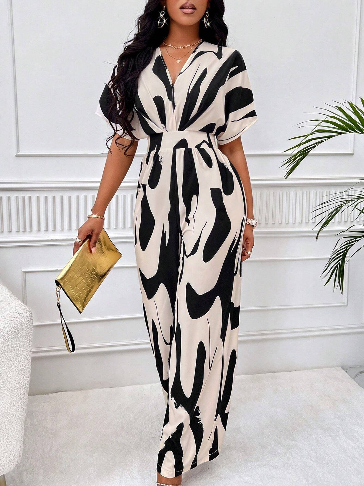 Allover Print Batwing Sleeve Belted Jumpsuit