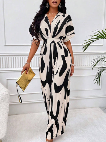 Allover Print Batwing Sleeve Belted Jumpsuit