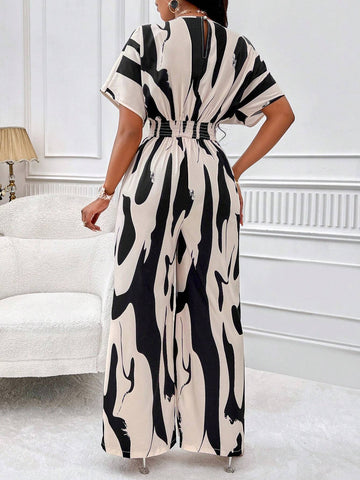 Allover Print Batwing Sleeve Belted Jumpsuit