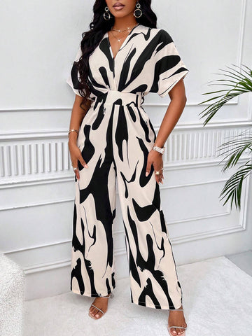 Allover Print Batwing Sleeve Belted Jumpsuit