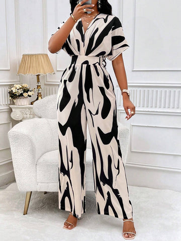 Allover Print Batwing Sleeve Belted Jumpsuit