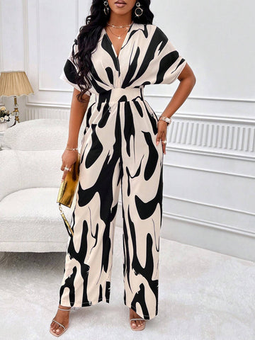 Allover Print Batwing Sleeve Belted Jumpsuit