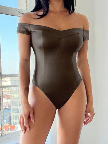 Off Shoulder PU Leather Bodysuit