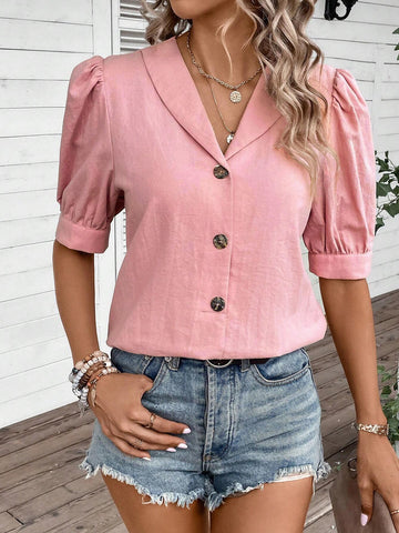 Shawl Collar Puff Sleeve Button Front Shirt