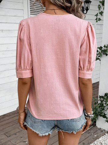 Shawl Collar Puff Sleeve Button Front Shirt